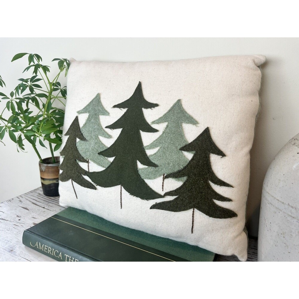 Vintage 1990’s Farmhouse Hand Sewn Wool Christmas Pillow Forest Trees 16” - Picture 3 of 8